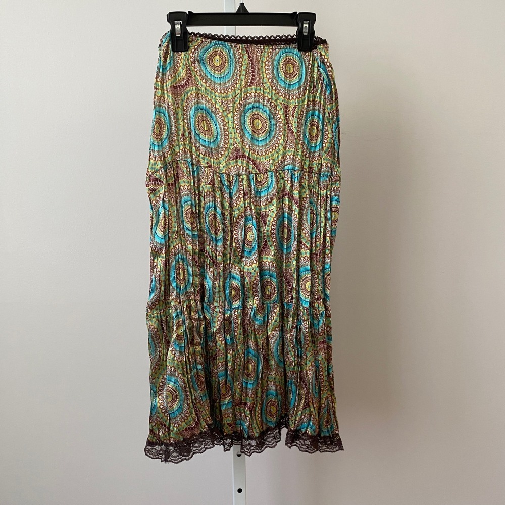 VTG Julie's Closet M‎ Multicolor Y2K Fairy 90s Maxi Skirt Lace Trim Boho Cottage